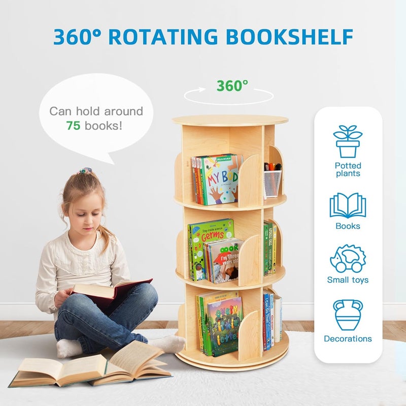 OOK رف كتب دوار للأطفال، رف كتب صغير للزاوية لمساحة صغيرة، عرض 360° 3 طبقات رف كتب قائم للتخزين، منظم كتب خشبي ضيق لغرفة النوم، غرفة المعيشة - Image 3